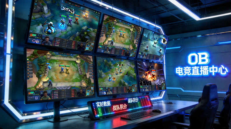 OB电竞直播中心多屏幕显示不同电竞赛事实时画面
